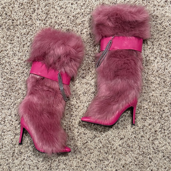 Size pink stiletto sock boots with faux fur pink strap with